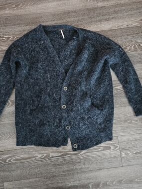 Free People Dark Charcoal Fuzzy Button-Up Cardigan